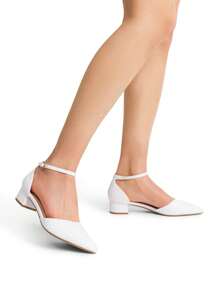 Women's Ankle Strap Low Heel Pumps Dress Shoes Pointed Toe Closed Toe Comfortable Casual D'Orsay Flats - 白色 - 查看 2