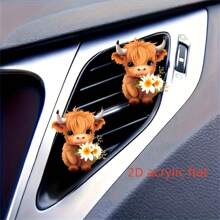 可爱高地牛汽车空气清新剂 - 2D 平面亚克力汽车空调香薰扩散器，装饰性棕色小牛和花朵通风口夹，配有两个香味垫，除臭 + 随机香味，汽车内饰装饰 - 清新汽车空气清新剂配件，送给家人和朋友的完美礼物