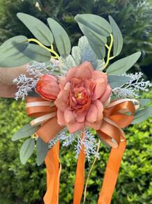 1PC White Rose Wedding Aisle Decorations Pink Pew Flowers Wedding Ceremony Party Chair Decor With Artificial Flowers Eucalyptus And Ribbons - Nhiều màu - Xem 23