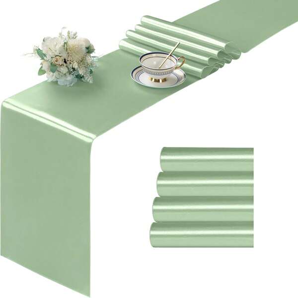 2/4/10/15 Pcs Satin Table Runner, Sage Green Color, 11.02*108.27 Inches, Suitable For Wedding Banquet, Birthday Party, Gathering, Graduation Ceremony, Evening Party, Engagement, Date, Dining Table Decoration (Multiple Colors Available)