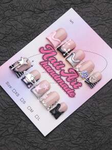 10 件/套手工 Y2K 按压式美甲，带法式指尖、蛇纹、蝴蝶结、花朵、水钻、星星设计，适合派对、婚礼、日常穿着，包括工具，是送给女士和女孩的绝佳礼物 - 黑與白 - 查看 3