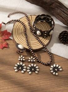 4 Pcs/Set Women's Vintage Bohemian Turquoise & Bronze-Color Necklace, Earrings, Ring, Bracelet Set, Suitable For Outfits, Daily & Holiday Wear