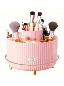 360°Rotating Makeup Organizer - 1pc Plastic Cosmetic Storage With 5 Compartments - Multi-Functional Holder For Brushes, Lipsticks, Skin Care Products, And Stationery - Unscented Desk Caddy With Luxury Stripe Design Home Bathroom Decor Summer Makeup Organizer Back To School