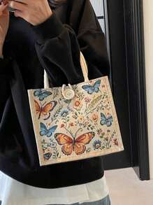 Linen Tote Bag, Butterfly Pattern Tote Bag, Reusable Fashionable Multipurpose Shopping Bag, Annual Meeting Gift Bag, Customizable Design, Minimalist And Elegant, Can Be Used As Bridesmaid Wedding Gift Bag, Student Bag, Back To School And Teacher Bag, Perfectly Meets The Needs Of Gift Promotions, Giveaways, Exhibitions, Surface Can Be Silk-Screened, Embroidered Or Heat-Pressed.