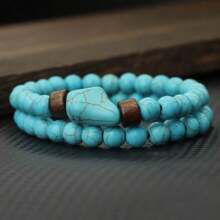 51Luckind 2pcs/Set Vintage Volcanic Stone & Turquoise Bead Asymmetrical Bracelet