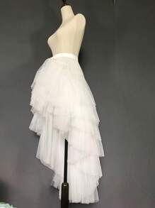 1pc Layered Ruffle Front Short Back Long Runway Trailing Princess Beach Photo Shoot Tulle Puff Skirt Slip