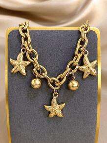 1 pièce Bracelet chaîne de perles en forme d'étoile de mer en acier inoxydable doré, bracelet empilable pour femme. Bijou de fête quotidienne pour anniversaire, Noël