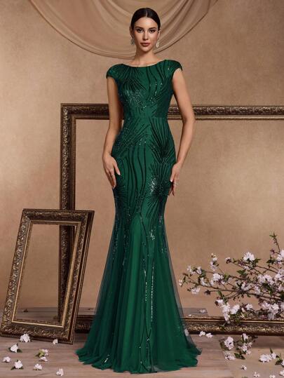 Women's Sequin Decor Crew Neck Cap Sleeve Evening Gown, Elegant Formal Prom Wedding Guest Dress, For Graduation, Dinner Party Dress