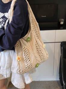 Bolso de mano de punto elegante - Bolso de hombro de ganchillo floral de gran capacidad para uso versátil y de commuting, vacaciones casuales, playa, bolso de hombro, bolso de tote