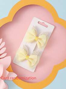 2pcs Pearl Ear & Yellow Bow Hair Clips Set, Cute & Sweet Hair Accessories Gift/Adorable Bow Headpiece For Teen - Yellow - View 2