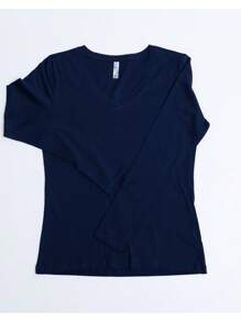 Women's Long Sleeve V-Neck Blouse In 100% Cotton Fabric - Navy Blue - View 2