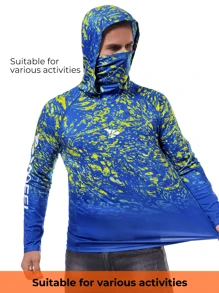 RODEEL Men's Hooded T-Shirt With Face Mask Gradient Printed Raglan Quick-Drying Breathable Long Sleeves Suitable For Outdoor Sports Fishing And Hiking