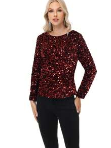 Women's Sequin Tops Sparkly Long Sleeve Glitter Evening Party Concert Shirt Blouse - 紅色 - 查看 6
