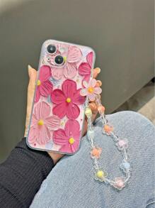 防震厚涂油画花卉时尚手机壳挂绳1件装花卉手链，装饰透明红色花卉彩绘防摔手机壳，兼容 14 Pro Max、13、11、XR、7/8，兼容Galaxy S24、A系列，兼容Redmi系列，防水防震防刮，国际版，非国内版 - 彩色 - 查看 4
