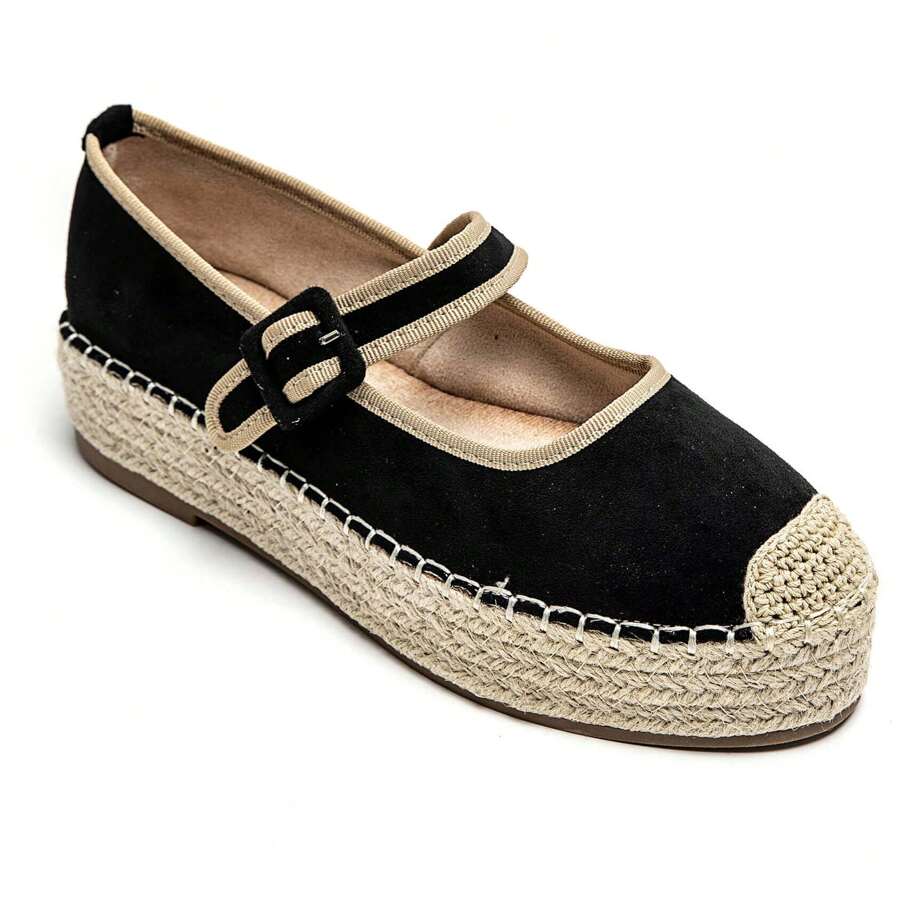 Mary Jane Espadrilles With Rope Platform Sole - Black - View 1