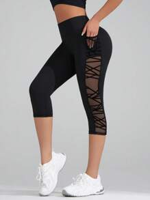 新品 女款网眼拼接运动 3/4 裤、带口袋的瑜伽紧身裤