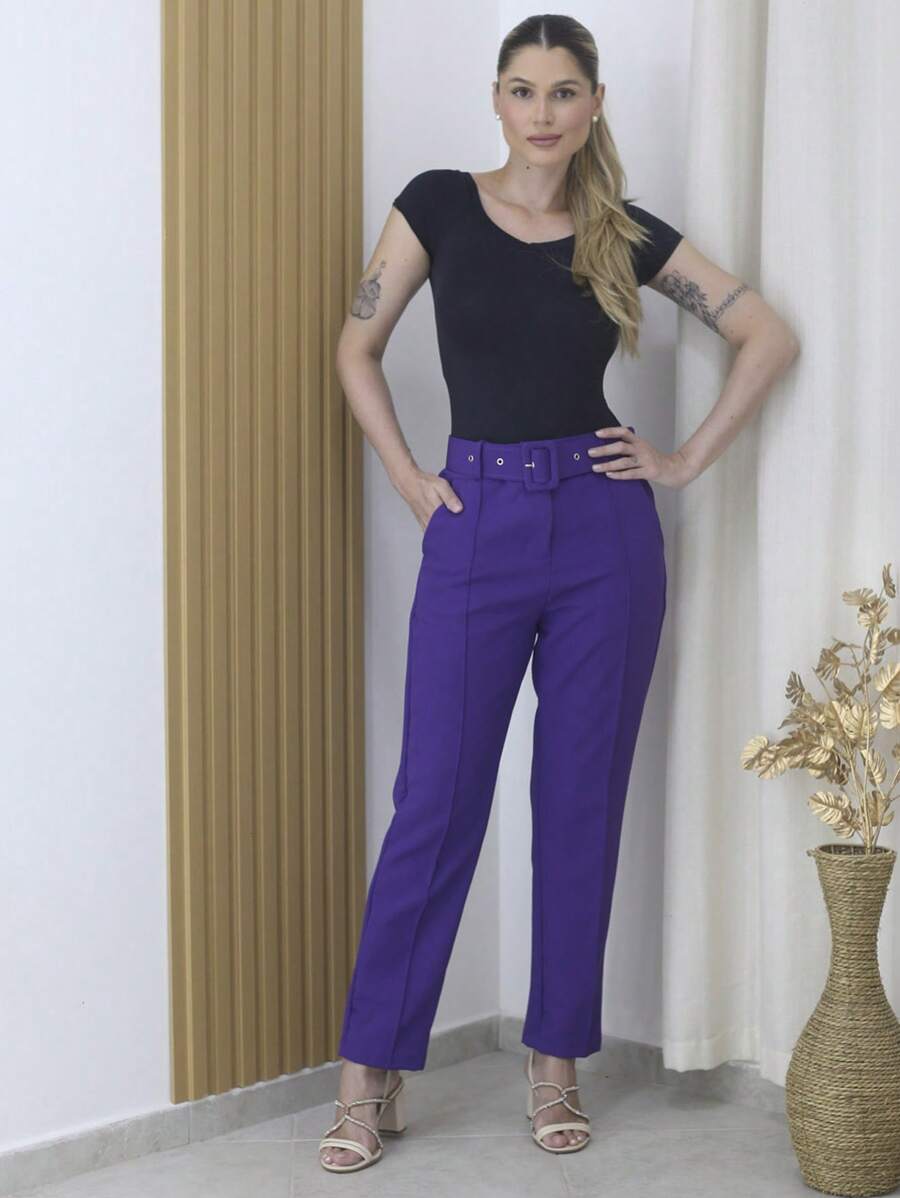 Women's Tailored Formal Pants In Polyester Elastane With Belt - Maxma 6622 - Violet 2 - View 1