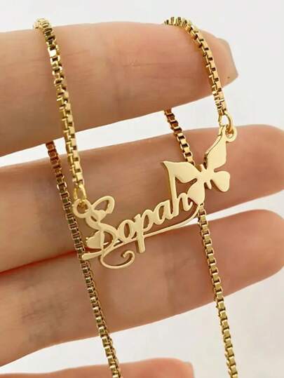 1 Elegant French Custom Name Necklace With Butterfly Pendant, Stainless Steel Box Chain, Suitable For Parties And Gifts, Seasonal Jewelry, Party Necklace, French Minimalist Style, Custom Necklace