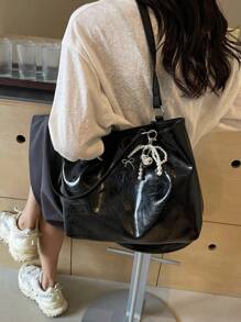 1pc Women's Crackle PU Leather Large Capacity Tote Bag With Chain Strap, Suitable For Girls, Ladies, College Students, Career Starters And Office Workers, Great For Work, Business, Commuting, School