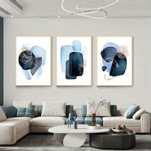 3 PIEZAS Arte de pared abstracto azul minimalista moderno, lienzos decorativos, pinturas colgantes con formas geométricas y elementos naturales, para decoración de sala de estar, dormitorio y hogar, sin marco
