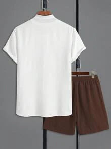 2pcs/Set Men's Casual Fashion Short Sleeve Open Front Shirt And Solid Color Drawstring Shorts, Color Blocking Design - Rust Brown - View 2