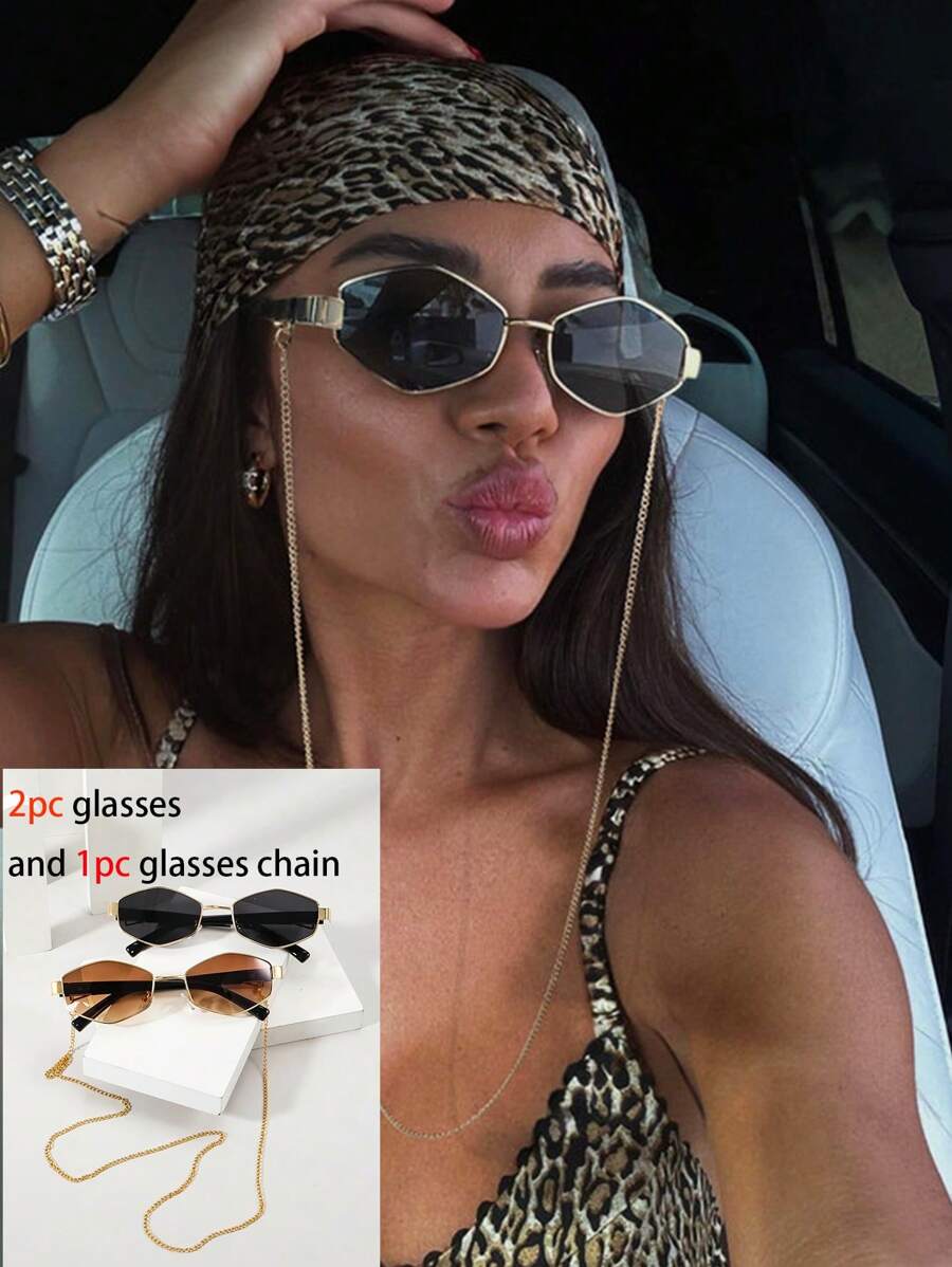 2 件菱形框链条时尚眼镜，复古百搭，2 副眼镜 1 条链条，适合夏季海滩度假、户外、旅行