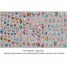 3 Pieces Of Spring And Summer Rose And Butterfly Flower Clusters Nail Stickers Disposable Self-Adhesive Back Adhesive Nail Stickers For Women DIY Art Decoration Accessories