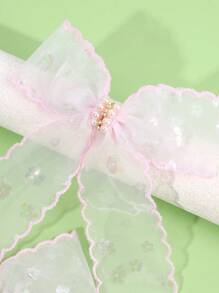 2 件装粉色薄纱发饰，适合女孩，闪亮花朵印花蝴蝶结鳄鱼夹，优雅珍珠水钻发夹，春假女孩发夹，儿童发饰 - 粉色 - 查看 6