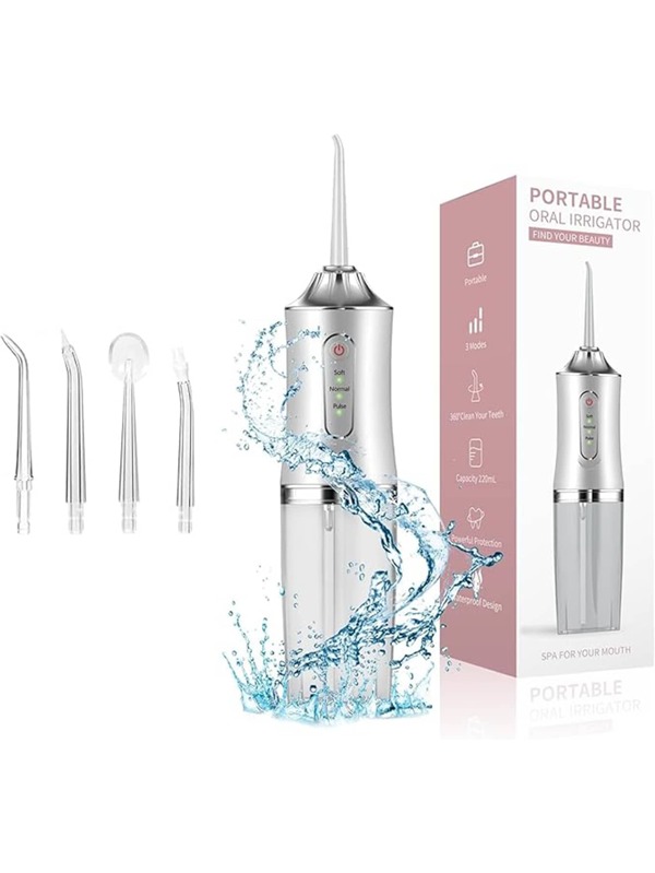 Limpiador dental a presión de agua con 3 modos, inalámbrico, limpiador de dientes a presión de agua, con 4 puntas, IPX7 a prueba de agua, recargable, portátil y potente para viajes y hogar, con frenillos y puentes dentales