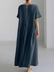 女士春夏休闲装 假日装，女士度假装，简约休闲装，亚麻服装，温和透气，纯色，超大口袋细节连衣裙，长裙优雅连衣裙 - 藏蓝色 - 查看 3