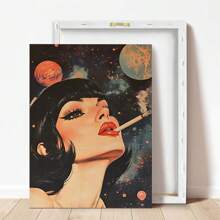 1 件，帆布挂画，带框装饰画，海报，墙壁艺术，复古太空吸烟女人艺术印刷品，宇宙嬉皮科幻海报，现代复古风格，家庭办公室、卧室、客厅、厨房、浴室的帆布墙壁艺术，卡通设计，春季 - 彩色 - 查看 5