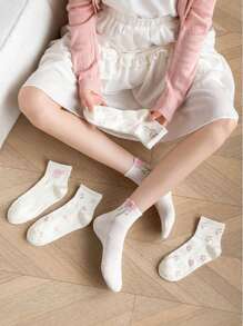 5 pares de calcetines multicolor blancos para mujer con lindo diseño de mariposa, calcetines cortos con lazo y flor, calcetines de tubo medio, sencillos y versátiles, aptos para uso diario, deporte y ocio, adecuados para primavera, verano y otoño