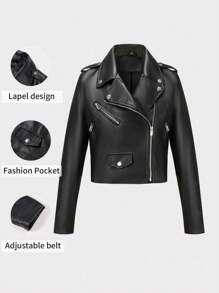 Women's Autumn/Winter Simple Versatile Faux Leather Jacket, Short Motorcycle Jacket - Black - View 4
