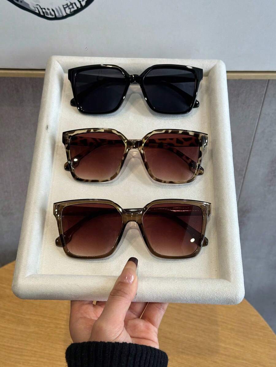3pcs Women's Eyeglasses Set, Oversized Frames, Black Leopard Print, Brown Plastic Fashion Glasses, Sports Style Frames, Suitable For Outdoor, Summer Beach, Travel, Party And Other Occasions - 3pcs 紋茶灰組合 - 查看 1