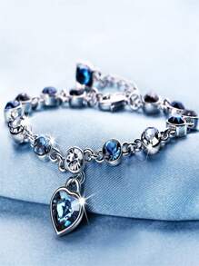 1pc Ocean Heart Crystal Heart Bracelet With Rhinestone Embellished Bow-Knot Design - Blue - View 7