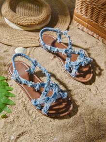 Plus Size Women's Casual Fashionable Versatile Slip-On Flat Sandals, Spring/Summer,Beach Outfits - Blue - View 7