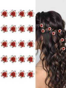 Juego de 20 horquillas para el pelo con forma de rosa roja, con diamantes de imitación y flores rojas, pequeñas pinzas para el pelo, accesorios para el pelo con forma de rosa, pinzas para el pelo con flores pequeñas, pinzas decorativas para el pelo rojas para mujer, para celebrar el día de San Valentín y festivales