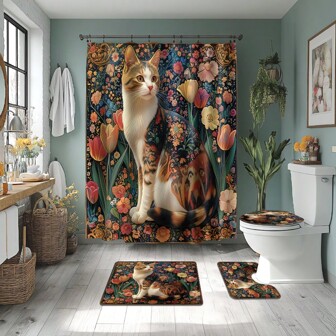 1/4 Piezas Cortinas de ducha de primavera con diseño de gatos en flores bohemias. Conjunto de cortina de ducha elegante, impermeable y con estampado. Decora tu baño, ducha, inodoro, cocina, sala de estar, dormitorio, gimnasio, viajes, camping y talla grande.
