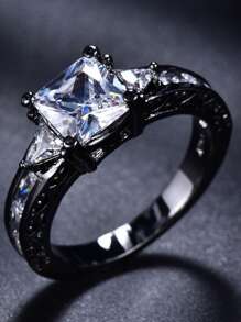 1pc Fashionable Couple Rings - 1pc Stainless Steel Men's Wedding Band & 1pc Elegant Princess Square Cut Women's Engagement/Wedding Ring, Bridal Jewelry Gift - Gun Black - View 18