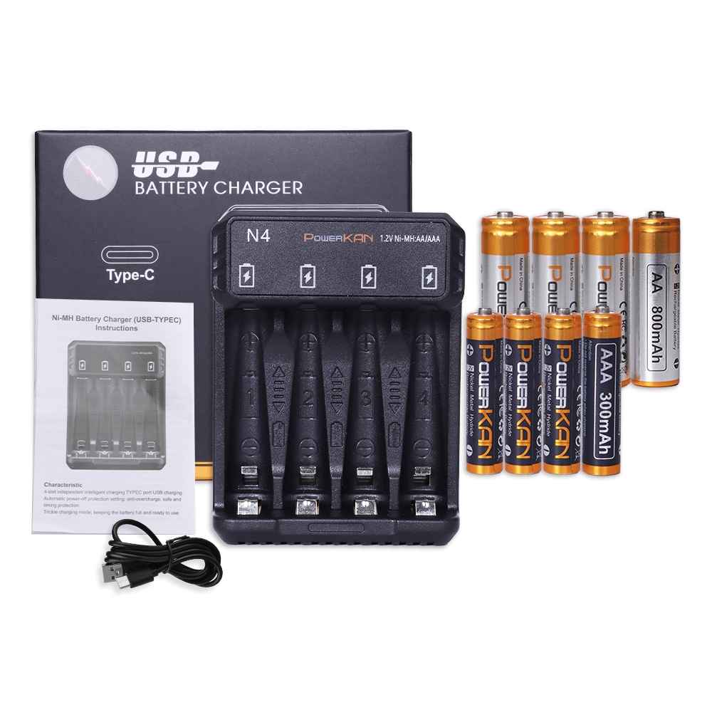 powerKAN Ładowarka baterii AA AAA, 4 akumulatory, 4-gniazdowa ładowarka baterii LED z 4 akumulatorami AA 800mAh + AAA 300mAh, zestaw akumulatorów i ładowarki
