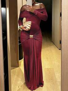 女式金属扣露肩褶饰修身连衣裙，时尚街头风格 - 酒紅色 - 查看 5