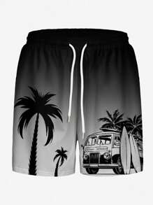 Men's Hawaiian Vacation Casual Outdoor Sports Coconut Tree Gradient 3D Digital Print Relaxed Single Layer Beach Shorts With Drawstring - Black - View 2