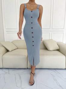 Robe femme à bretelles fines avec boutons et ourlet fendu, couleur unie, printemps/été - Bleu azur - Voir 5