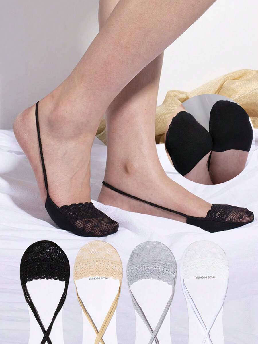 4 双女士夏季简约纯色系列蕾丝设计，心形和花朵系列，舒适透气隐形内衬袜子，带花卉镂空半趾踝袜