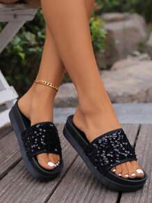 Summer New Thick Sole Glitter Women Slippers, Fashion Minimalist Beach Casual Sandals Versatile Roman Shoes