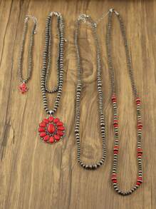 Bộ 4 chiếc/bộ vòng cổ dài đính hạt giả ngọc lam & đỏ cổ điển, phong cách Boho Cowgirl, quà tặng hoàn hảo cho sinh nhật, năm mới, ngày lễ tình nhân, phong cách nghỉ dưỡng miền Tây/Cowgirl, hạt Bohemian cổ điển - Đỏ - Xem 5