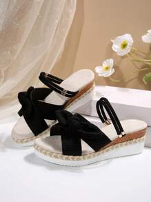 Plus Size Women's Bow Decor Open Toe 2-Way Linen Rope Bottom Wedge Heel Thick Sole Beach Sandals, Black Fashion Versatile Comfortable Roman Sandals, Spring/Summer - Black - View 7