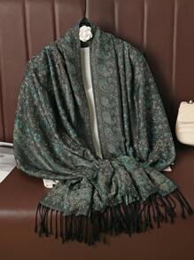 1 件复古佩斯利和格子锦缎印花羊绒围巾，柔软休闲波西米亚流苏披肩，适合日常通勤、旅行、外套装饰 - 彩色 - 查看 5