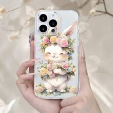 1pc Transparent TPU Soft Phone Case With Cute Rabbit & Flower Basket Design, Shockproof Protective Cover Compatible With IPhone16 Pro Max/16/15/14/13/12/12/11, High-End Fashion Design, Great For Easter Gifts To Friends And Family, Also Fits S25/S/24S24/S23/S22 Series