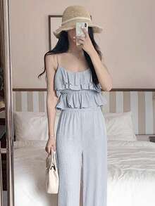 YCYC Women's Summer Casual Vacation Solid Color Minimalist Camisole And Pants 2 Pieces Set Elegant - Baby Blue - View 3
